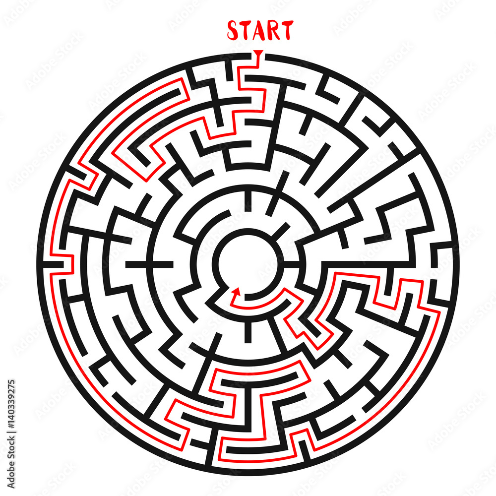 Circle Maze with Solution. Labyrinth with Entry and Exit. Find the Way Out Concept. Vector Illustration. Circle Maze with Solution. Labyrinth with Entry and Exit. Find the Way Out Concept. Vector Illustration.