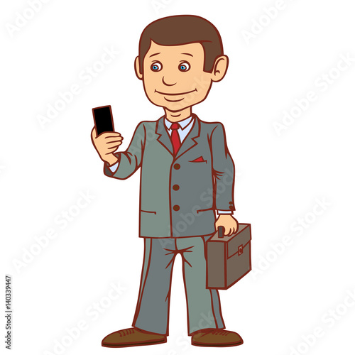 A businessman is standing with a phone in his hand. Very passionate about communication. Vector illustration.