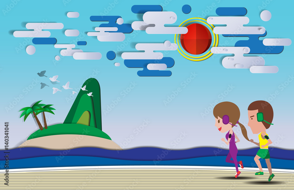 Cute cartoon running on the beach Cute cartoon running on the beach