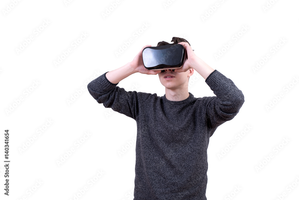 The man with glasses of virtual reality on white isolated background. The man with glasses of virtual reality on white isolated background.