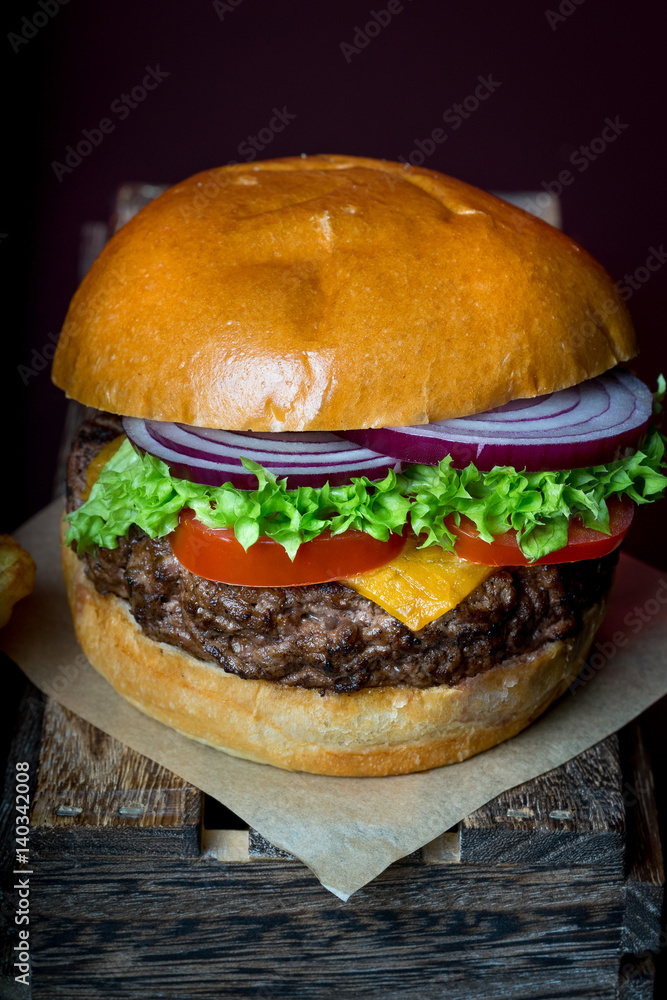 fresh beef grilled burger hamburger salad isolated space text real meat men food beer