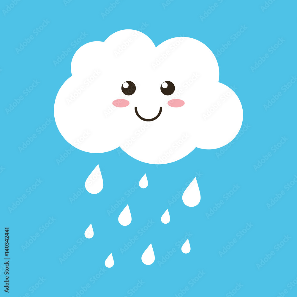 Cute happy cloud with rain drops, spring or autumn weather icon on blue background.