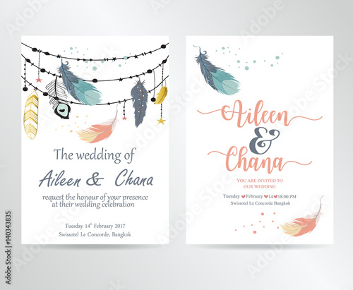 Wedding pink blue template collection for banners,Flyers,Placards with feather,dreamcatcher in boho style