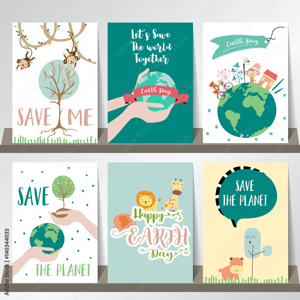 Green collection for banners,Flyers,Placards with world,ribbon,tree,flower,hippopotamus,elephant,giraffe,lion,fox,hand and hippo.Happy earth day