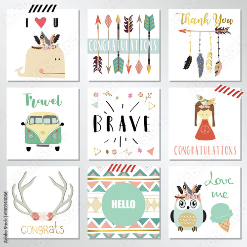 Card template collection for banners,Flyers,Placards with feather,girl,owl,van,whale,flower and arrow in boho style