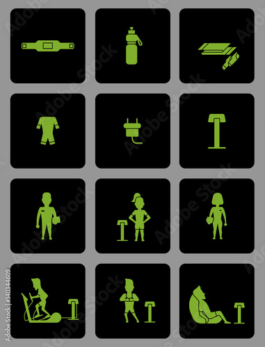 Ems training web icons set in flat style. Electric muscular stimulating fitness vector illustration