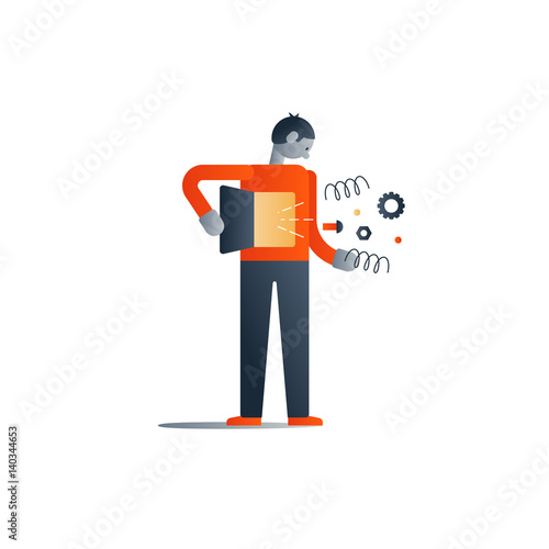 Standing man with broken inner mechanism, bad health