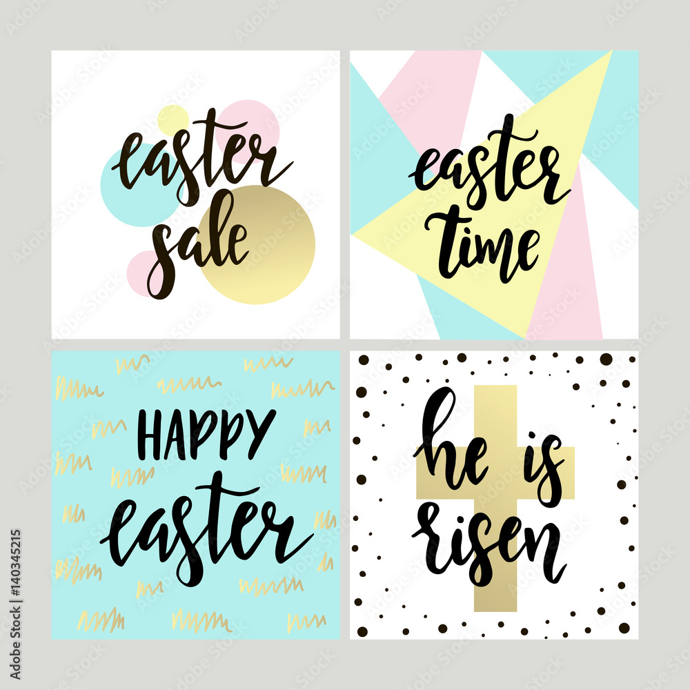 Set with Happy Easter gift cards with calligraphy. Handwritten lettering. Hand drawn design elements Set with Happy Easter gift cards with calligraphy. Handwritten lettering. Hand drawn design elements