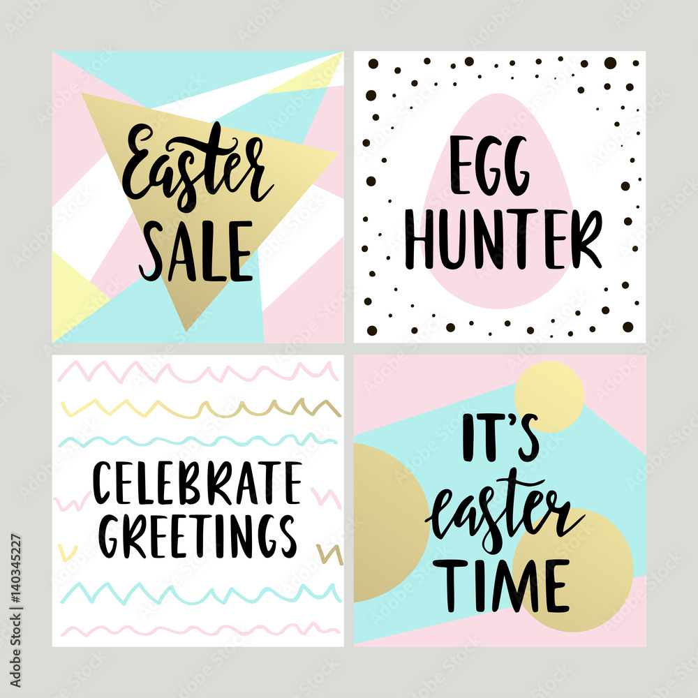 Set with Happy Easter gift cards with calligraphy. Handwritten lettering. Hand drawn design elements Set with Happy Easter gift cards with calligraphy. Handwritten lettering. Hand drawn design elements