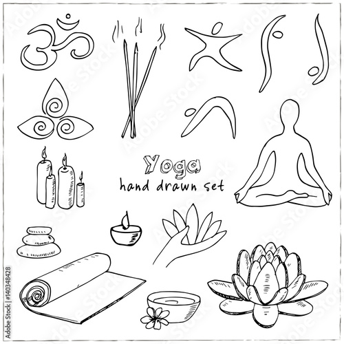 Hand drawn doodle yoga symbols, icons and asanas. Vector illustration for your design