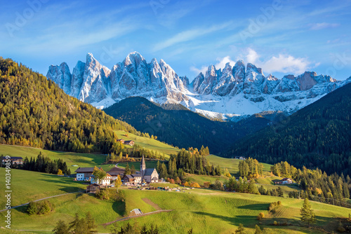 Incredible landscape with the church in the valley of Santa Magdalena, Italy, Europe, Dolomites