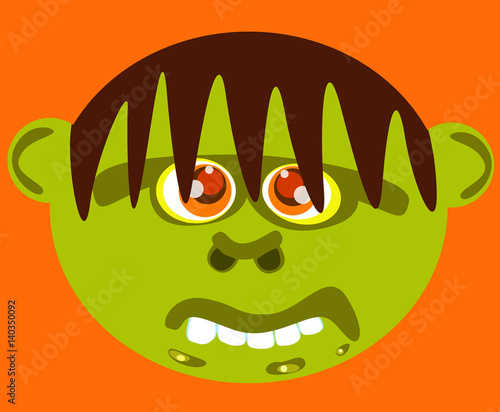 Cartoon ugly green monster face on orange background.