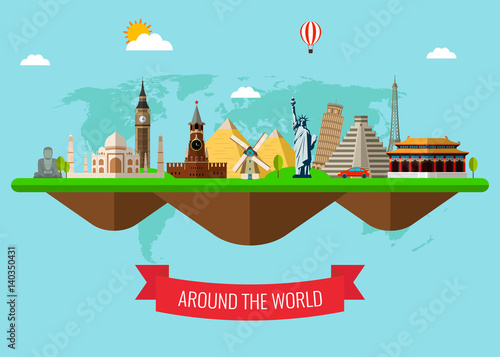 Travel composition with famous world landmarks. Travel and Tourism. Concept website template. Vector illustration.