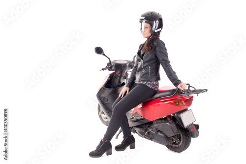 young woman with motorcycle isolated in white