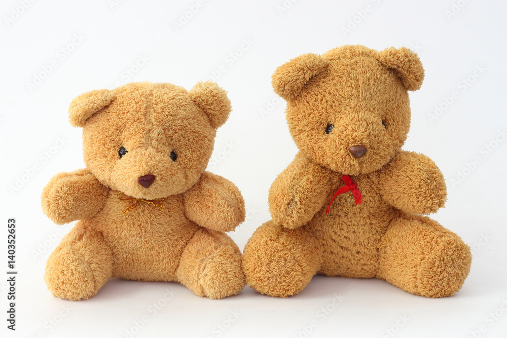 Two brown teddy bear on a white background.