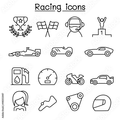 Racing icon set in thin line style