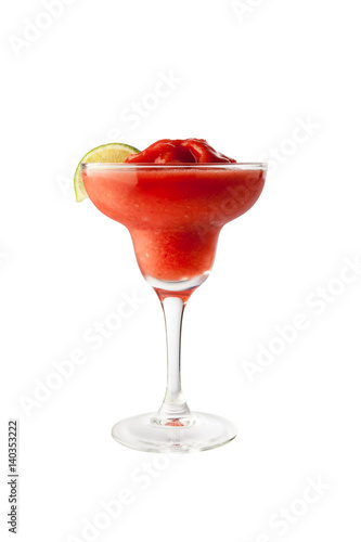Strawberry margarita isolated on a white background garnish with salt and a lobule green lime with clipping path