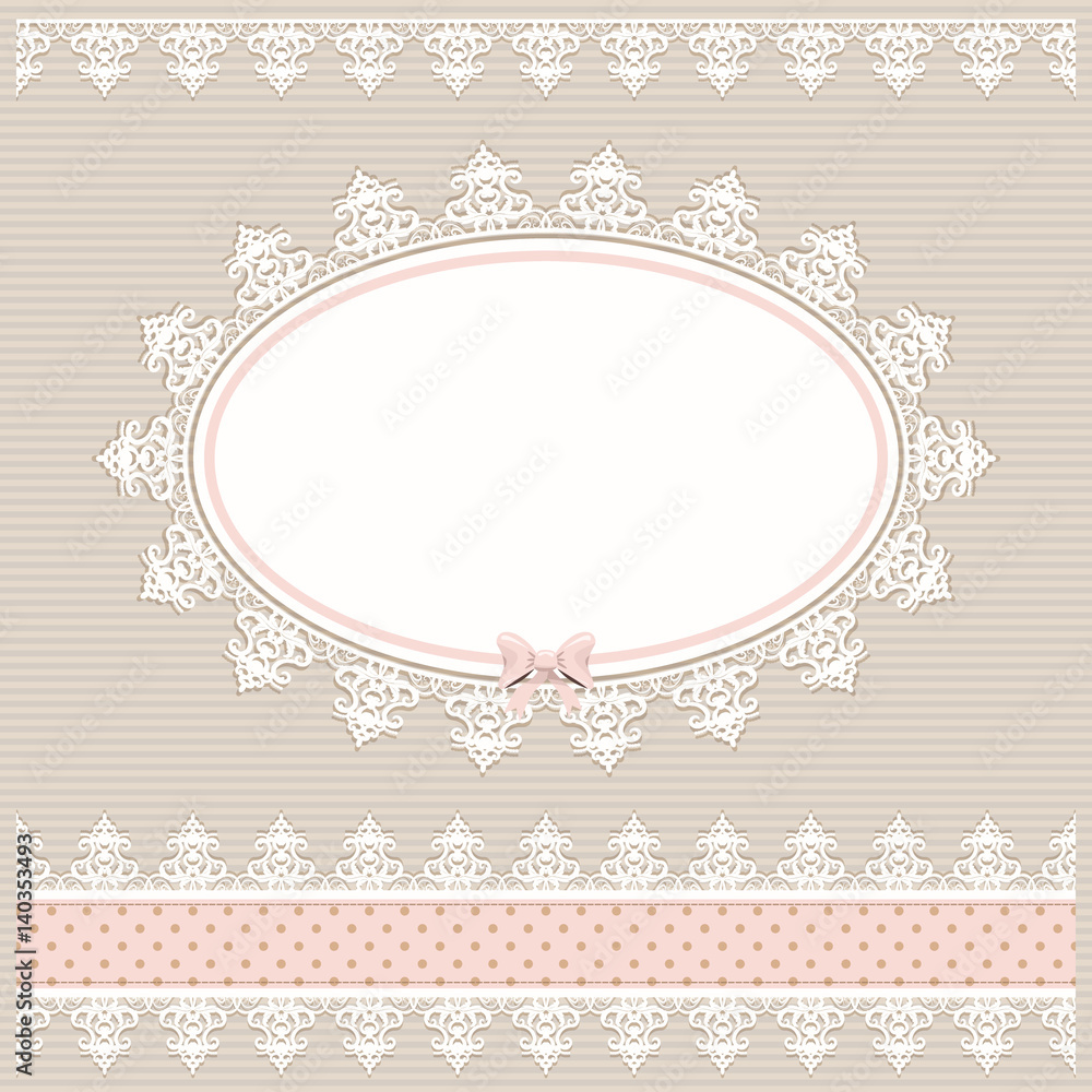 Oval doily frame with lacy border. Country style. For baby shower, menu, scrapbook design.