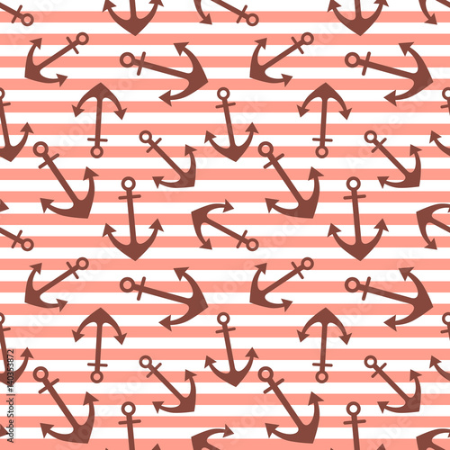 Vector seamless pattern with anchor, diagonal lines. Symmetrical background, nautical theme. Graphic illustration. Template for wrapping, backgrounds, fabric, prints, decor, surface
