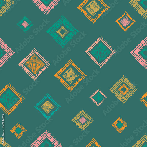 Seamless vector geometrical pattern with rhombus, squares, rectangles endless background with hand drawn textured geometric figures. Pastel Graphic illustration Template for wrapping, web backgrounds