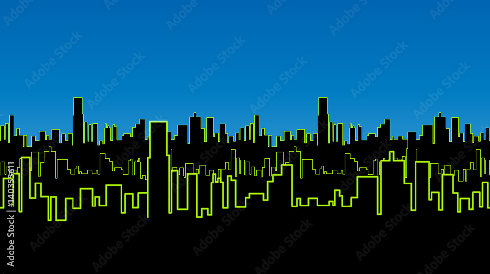 Seamless strip of the city at night with green neon color. Vivid glow of the contours of tall buildings.