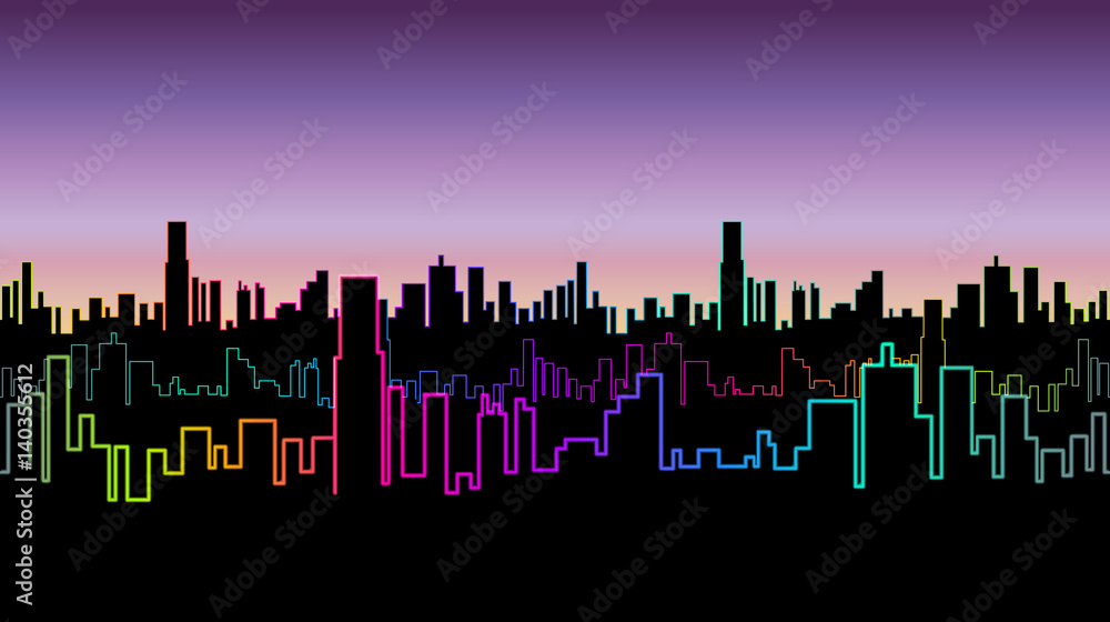 Seamless header of the city at night with versicolor neon color. Vivid glow of the contours of skyscrapers.