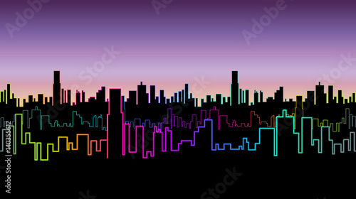 Seamless header of the city at night with versicolor neon color. Vivid glow of the contours of skyscrapers.