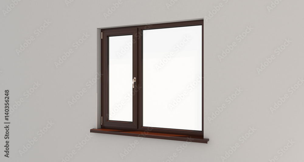 Window. White wall. Isolated window. Wooden window. 3d. 3D render. Window. White wall. Isolated window. Wooden window. 3d. 3D render.