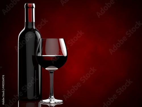 bottle with red wine and glass on a red background. 3d illustration.