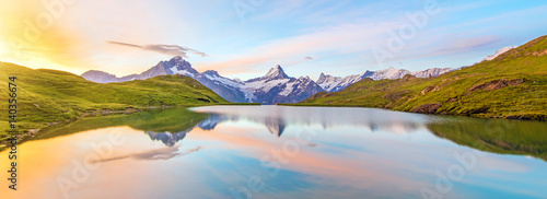 Obraz na płótnie Fantastic landscape at sunrise over the lake in the Swiss Alps, Europe. Wetterhorn, Schreckhorn, Finsteraarhorn et Bachsee. ( relaxation, harmony, anti-stress - concept). w salonie