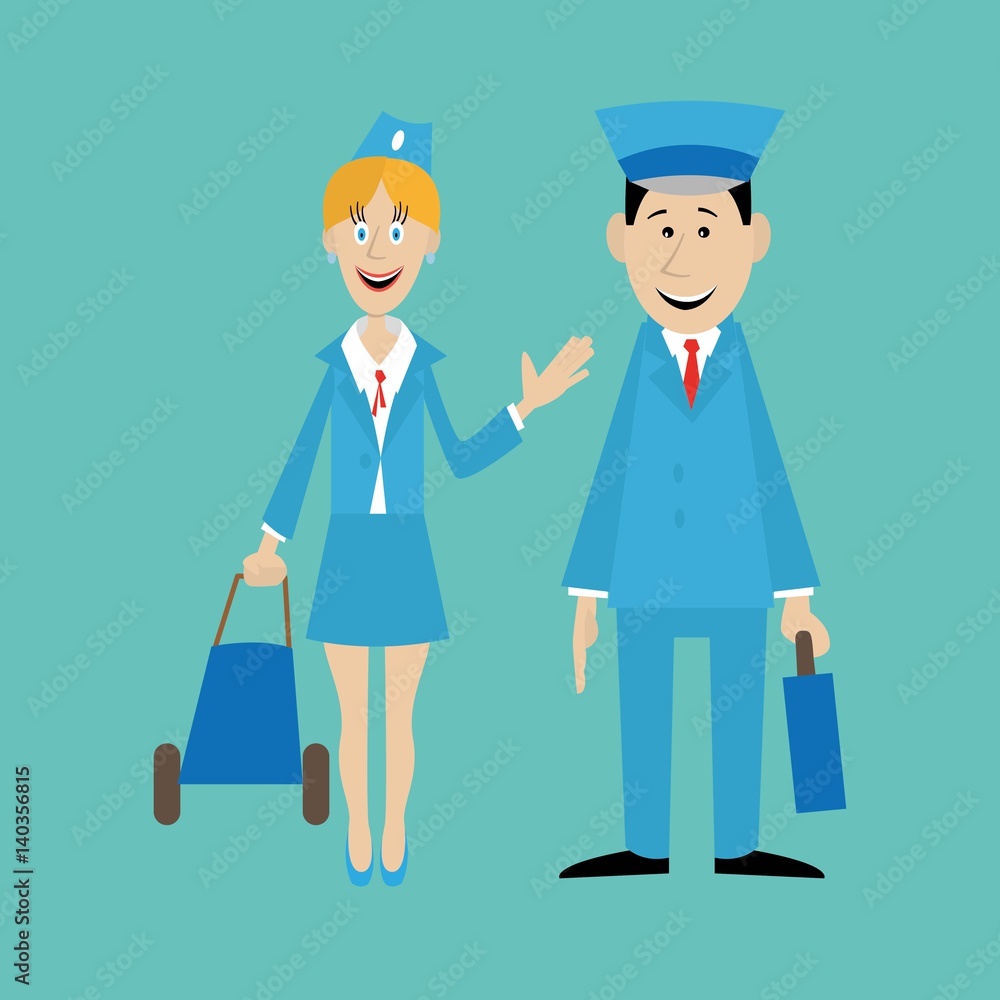 pilot and flight attendant isolated on blue background. vector illustration of cartoon pilot and flight attendant isolated on blue background. vector illustration of cartoon