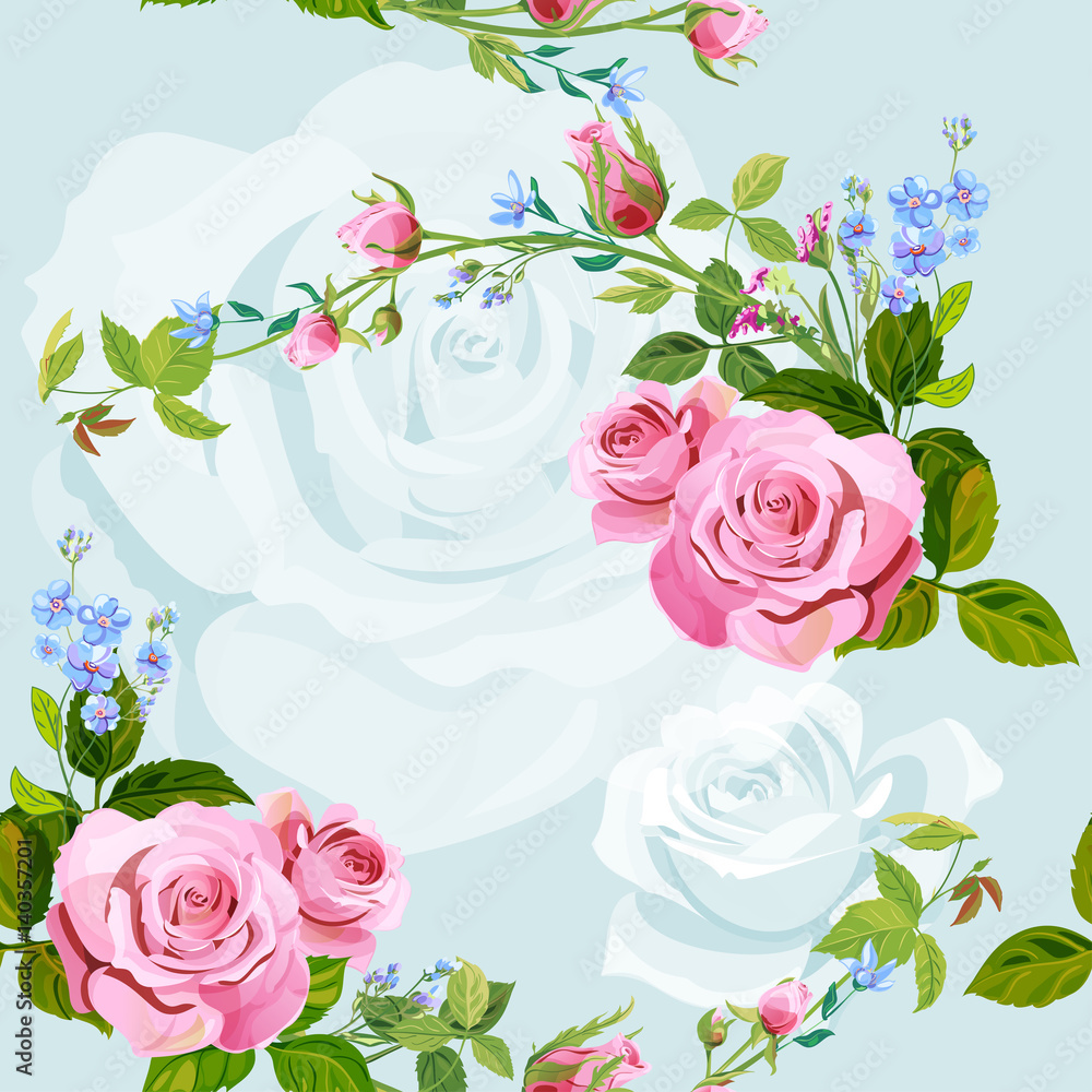 Vector square floral seamless pattern with branch curly pink rose ...