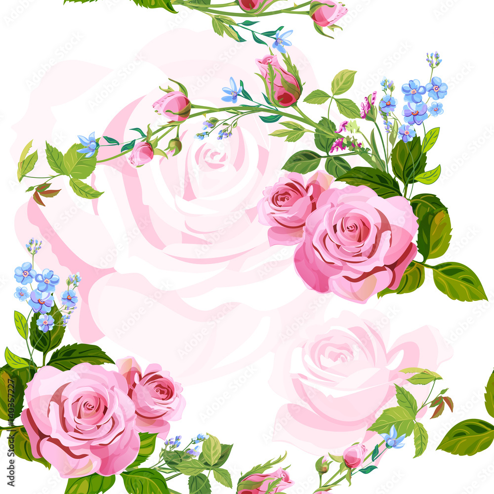 Vector square floral seamless pattern with branch curly pink rose ...