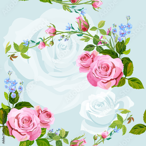 Vector square floral seamless pattern with branch curly pink rose, bouquet with blue flowers forget-me-nots, buds, green stems, leaves on blue background, digital draw illustration, vintage, vector