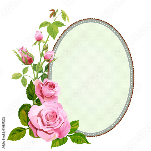 Vintage ellipse frame with bouquet pink roses, flowers and buds, green stem, ...