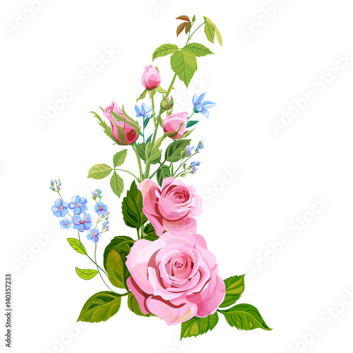 Floral composition: bouquet pink rose, blue flowers forget-me-nots, buds, green stems, leaves on white background, digital draw illustration, concept for design, vintage, vector