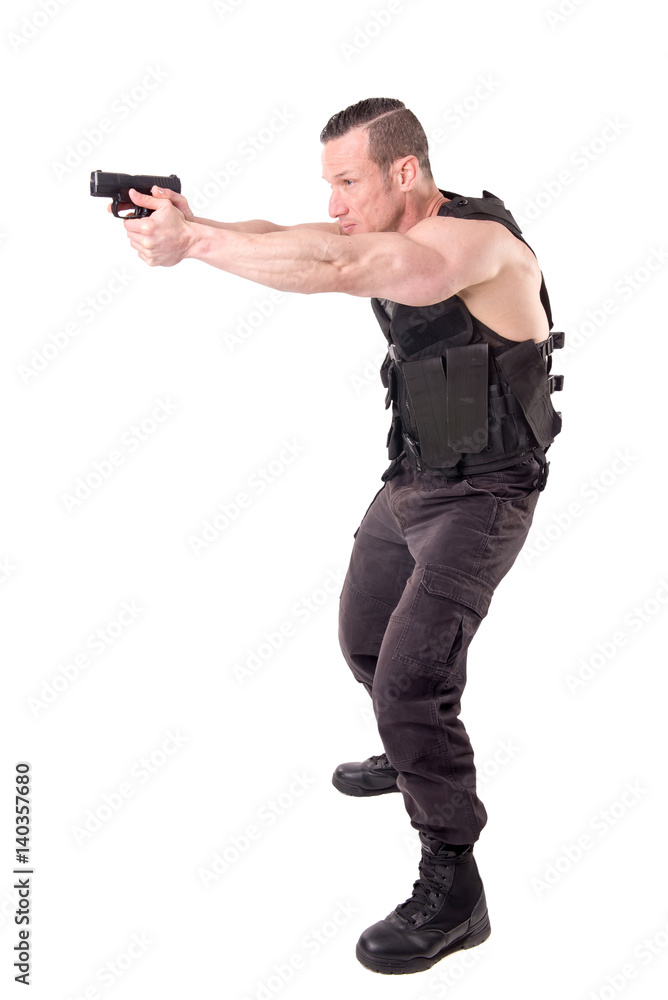tactical law enforcer posing isolated in white tactical law enforcer posing isolated in white