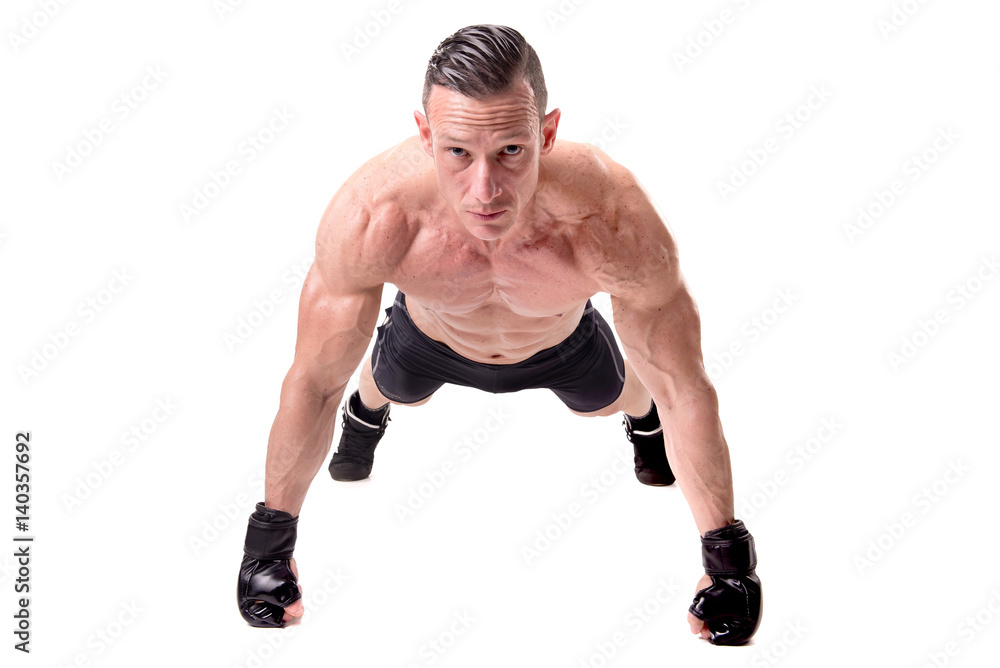 fighter posing with gloves isolated in white fighter posing with gloves isolated in white