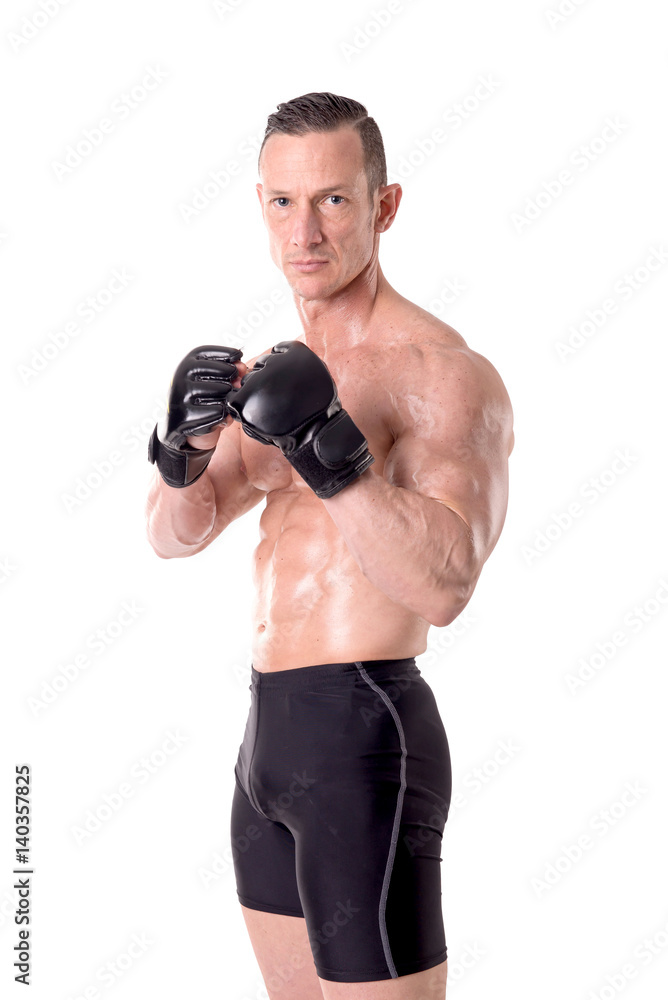 fighter posing with gloves isolated in white