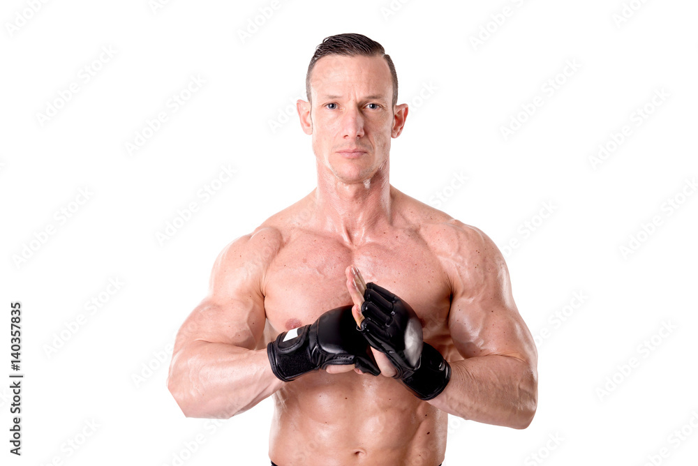 fighter posing with gloves isolated in white fighter posing with gloves isolated in white