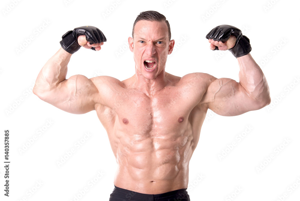 fighter posing with gloves isolated in white