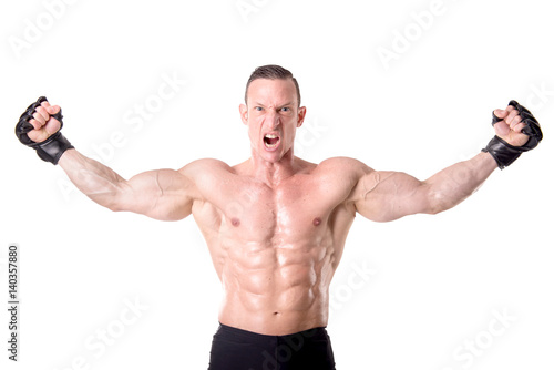 fighter posing with gloves isolated in white