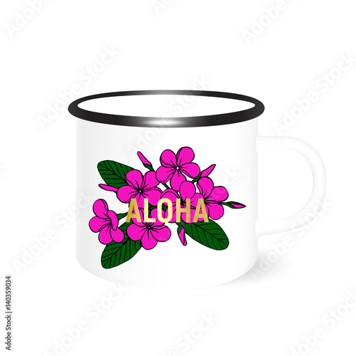 ALOHA- travel enamel mug mock up with plumeria flower. Souvenir or gift example. Vector.