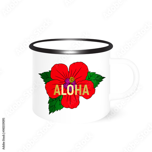Aloha- travel enamel mug mock up with with hibiscus. Holiday island souvenir. Vector. 