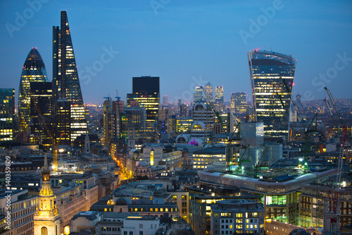  London at night  view from st. Paul s cathedral. London eye  river Thames  Modern skyscrapers of financial aria.   