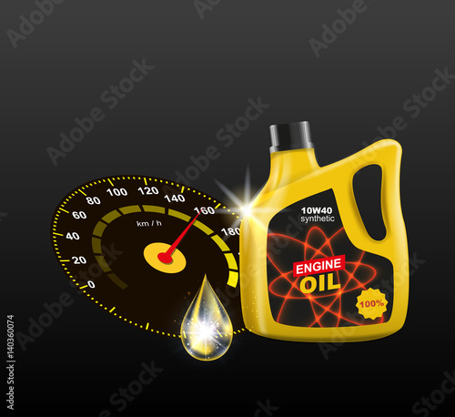 Vector canister engine oil with speedometer advertising template