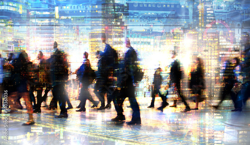 Lots of walking business people. Multiple exposure image. Business concept illustration. London 