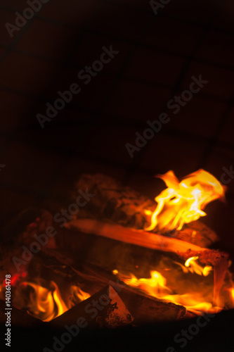 Fire flames on black background - barbecu fire place