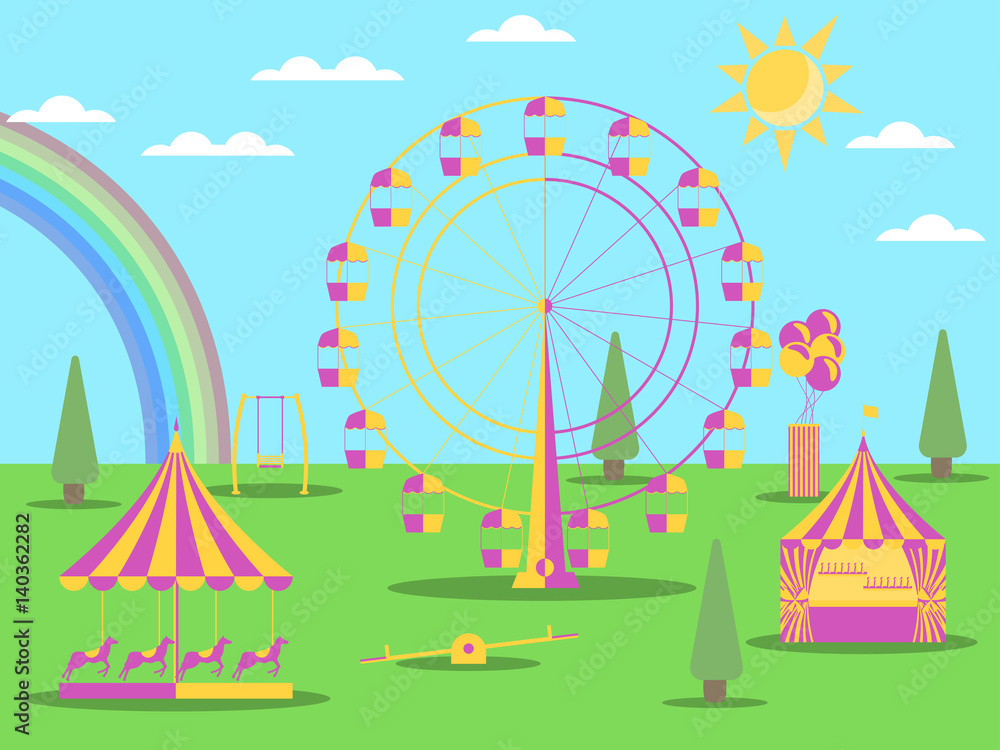 The amusement park flat style. A Ferris wheel, a merry-go-round with horses and a swing. Sunny weather with a rainbow. Vector illustration The amusement park flat style. A Ferris wheel, a merry-go-round with horses and a swing. Sunny weather with a rainbow. Vector illustration