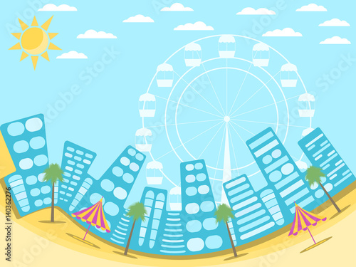 City landscape with beach. A resort town on the beach. Palms and attractions. Vector illustration